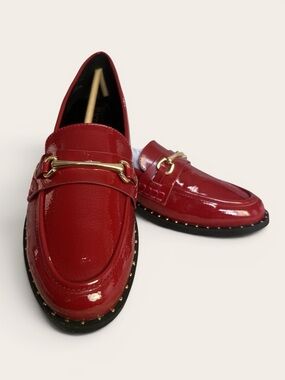 Kenneth Cole Reaction Red Patent Loafers with Gold Hardware